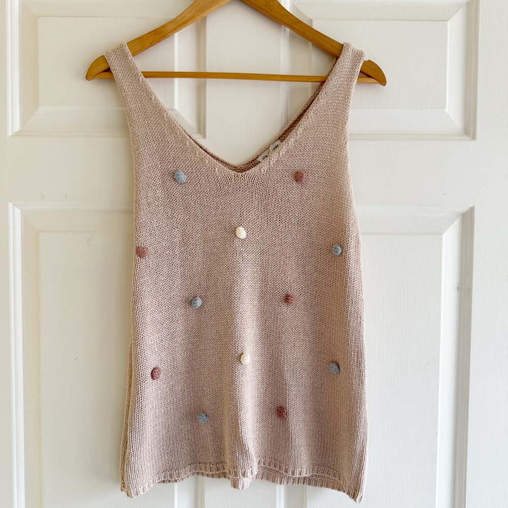 Blu‎ Pepper Knit Tank Top Boho Pom Pom V Neck Tan Multicolored Size Large Boho